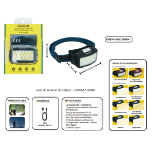 LANTERNA DE CABEÇA COB RECARREGAVEL USB BOM-4011