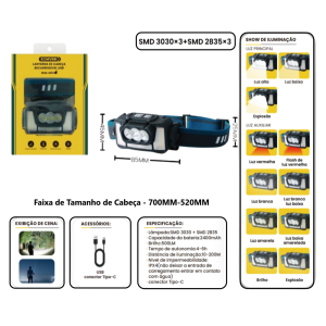 LANTERNA DE CABEÇA LED RECARREGAVEL USB BOM-4012