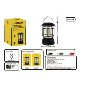 LAMPIÃO SOLAR PARA ACAMPAMENTO RECARREGÁVEL BOM-4211