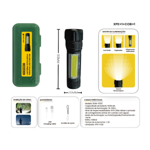 LANTERNA TATICA RECARREGAVEL COM LED XPE E COB BOM-4302