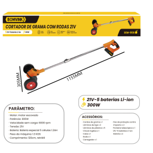 ROÇADEIRA APARADOR DE GRAMA COM RODAS C/2 BATERIAS 21V  BOM-9108