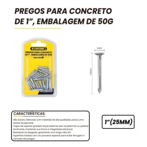 KIT DE PREGO PARA CONCRETO COM 50G APROXIMADAMENTE 28 UNIDADES 1,5 X 25MM BOM-5320