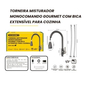 TORNEIRA MISTURADOR MONOCOMANDO GOURMET COM BICA EXTENSIVEL PARA COZINHA BOM-2024