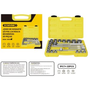KIT FERRAMENTAS MALETA SOQUETES E CATRACA ENCAIXE DE 1/2 COM 22 PÇS BOM-3918