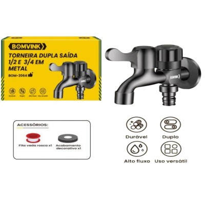 TORNEIRA DUPLA DE METAL PRETA P/ MAQUINA DE LAVAR1/2