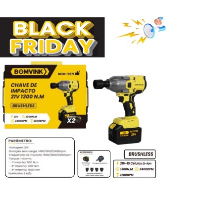 CHAVE DE IMPACTO RECARREGAVEL C/2 BATERIAS 21V  1300 N.M BOM-9971